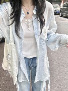 Áo Sơ Mi Dài Tay Màu Xanh Lam Mỏng Mùa Hè Mới Thiết Kế Áo Chống Nắng Ren Cho Nữ Áo Sơ Mi Cổ Polo Dáng Rộng Thường Ngày