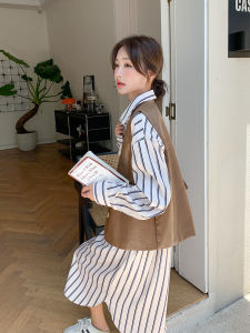 Womens Polo Shirt Dress Set Striped Color Block Two-Piece Suit Korean Style Commute Loose Waist Long Sleeve Midi Skirt