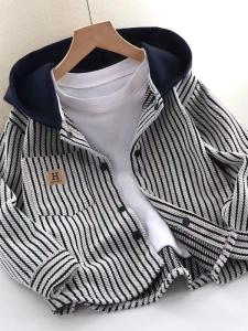 Boys Stripe Long Sleeve Shirt Thin Hooded Jacket Autumn Fashionable Cotton round Neck Casual Sportswear for 2025 Summer Season