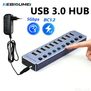 Kebidumei | KEBIDUMEI USB 3.0 HUB 10 Ports USB Splitter 5Gbps BC1.2 With Individual Switch Power Adapter Docking Stations For Laptop Desktop