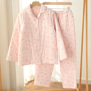 Mien Dao Womens Thickened Cotton Pajamas Set Home Clothes Long Sleeve Warm Sleepwear Autumn Winter Home Comfortable Suit