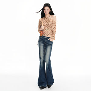 Retro Low Waist Bell Bottom Denim Jeans Womens Fall New Style American Spicy Girl Slimming Floor Length Pants