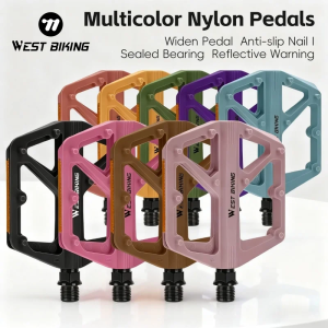 WEST BIKING Nylon Bike Pedals Anti-Slip Nail Sealed Bearing Reflective Warning 14mm Chromoly Steel Axle MTB Road Bike Pedals