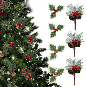 10pcs Mini Artificial Pine Needles Christmas Pine Cone Bell Pine Cone Artificial Pine Holly Branch Artificial Flower Xmas Decor