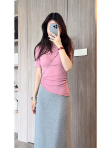 YUEZHONGWEI | Pink Round Neck Ice Silk Linen Knitted Short Sleeve T-Shirt Women Summer Slim Fit Micro Transparent Thin Top Commute Style