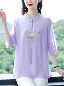 QIAOXIZI | Áo Thun Mỏng Rộng Tay Cổ Đứng Nút Ếch Phong Cách Trung Quốc Mới