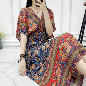 Ethnic Style Cotton Silk Floral Dress Womens Mid Length Long Length Summer Plus Size Ladies Plus Size Fashion Outwear Artificial Cotton Beach Skirt