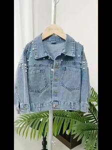 Spring Autumn 3-10 Year Old Girl Pearl Embellishment Teenage Denim Jacket Children Korean Fashion Windbreaker Pearl Long Sleeve