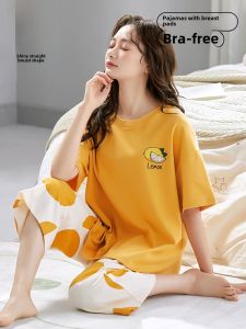 Padded Pajamas Womens Summer Cotton Short Sleeve Cropped Pants Loose Outfit Summer Womens plus Size Homewear Outwear