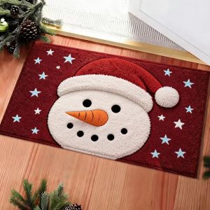 VIKAMA Christmas Snowman Doormat Flannel Non Slip Entrance Floor Mat Soft Washable Blue Snowflake Wink Pattern Entryway Rug Xmas