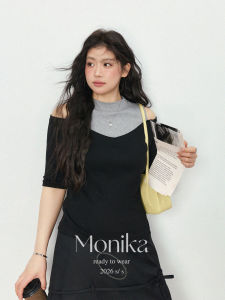 MONIKADM | Áo Thu Cổ Cao Giả Vạt Vai Phối Màu Dáng Slimming Big Size