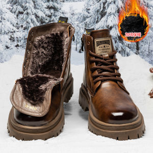 Snow Boots Mens Winter Fleece Lined Padded Warm Keeping Genuine Leather Martin Cotton Boots High-Top Waterproof Non Slip Northeast China Cotton Shoes