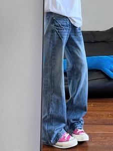 Quần Jeans Denim Ống Loe Retro American Washed Lưng Cao 175 Cm Cho Nữ Quần Dài Dài Đến Sàn Rộng Rộng Thời Trang Mùa Xuân 2024