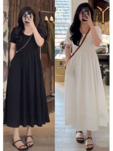 Qian Fu Lin Womens French Style Short Sleeve Dress Summer Large Size Body Shaping Slimmer A-Line Skirt Black Long Dress