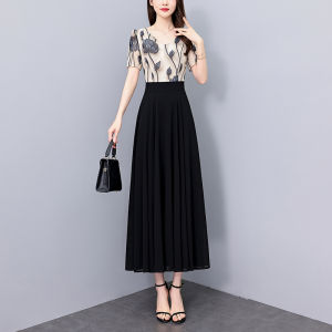 Impression Fashion Store Women Elegant Chiffon V-neck Short Sleeve Floral Stitching Plain High Waist Slim A-line Long Pleated Dress