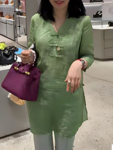 UYFY | Elegant Chinese Style Button Design Mid-Length Slit Shirt Women Summer Plus Size Thin Green Top Casual Loose Fit Polyester Fiber