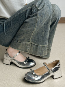 Silver High Heel Single Shoes Womens Comfortable Not Tired Beautiful Mary Janes Fashionable Commute Butterfly Knot Leather