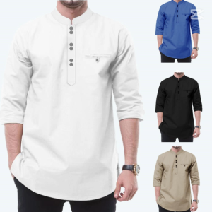 Exclusive Men Wear 3/4 Sleeves Band Collar Elegant Trending Viral Modest Design Muslim Shirts