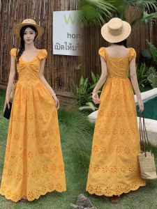plus Size Yellow Embroidered Hollow out Dress Womens Summer New Style A-Line Skirt High Waist Bubble Sleeve V-Neck Zipper Closure