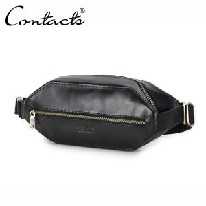 CONTACTS Genuine Leather Men Waist Bags Vintage Chest Bag Fanny Bags Croosbody Bags Men Travel Waist Packs for 8.3" iPad Mini