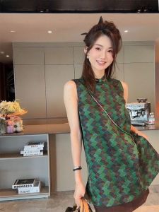 YUFUQING | New Chinese Style Green Vest Womens Retro Printed Button Up Top High Waist Loose Fit Summer Fashion Commute Style Polyester Fiber