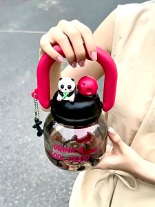 680ml Double Drinking Straw Cup Panda Big Belly Cup Portable Water Bottle with Straw 4 Colors