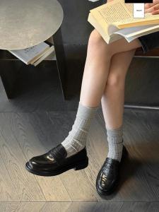 British Style Flat Bottom Loafers Womens Spring Autumn Black Leather Single Shoes Comfortable round Toe Rubber Outsole