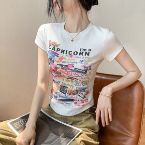 GEBEISHANG | 3D Digital Print Slim-Fitting Short Sleeve T-Shirt for Petite Women