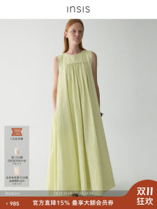 Loose Cotton Summer New Style INSIS FEMME Womens Dress round Neck Sleeveless Gathered A-Line Long Dress Casual Pure Color