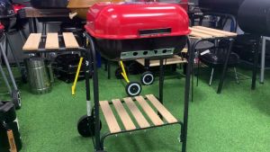 Portable Outdoor Trolley Barbecue Grill Stainless Steel Charcoal BBQ Grilling with 2 Wooden Side Shelfs / Berbeku Beroda