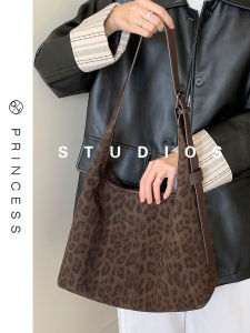 Retro Suede Leopard Print Womens Single Shoulder Tote Bag Underarm Commuter Crossbody Bag Soft Handle Zipper Closure Daily Use