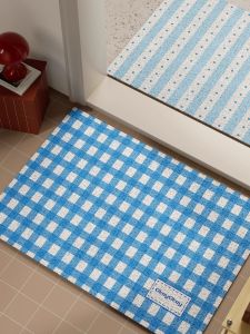 Blue Plaid Silk Circle Door Mat Customizable PVC Anti-Slip Dustproof Home Entrance Mat Easy Cleaning Rectangle Shaped Rug