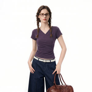 BAIDAIFEI | Purple V-Neck Short Sleeve Fitted T-Shirt