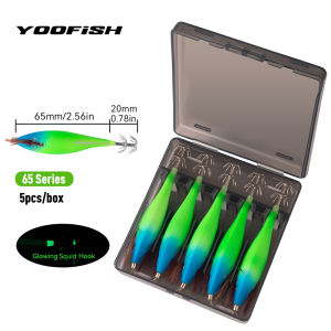 YOOFISH 5pcs Luminous Squid Jig Wood Shrimp Squid Hook 65/75mm Fishing Lures Octopus Cuttlefish Shrimp Saltwater EGI Baits