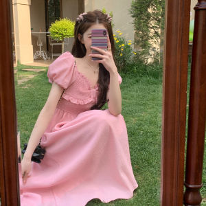 Pink Sweet Butterfly Knot Dress Womens Summer French Design Waist Cinching Slimming Gentle Fairy Skirt High Waist Long Sleeve