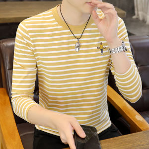 เสื้อยืดคอกลมแขนยาวลายทางสีดำขาว ทรงสลิมฟิต แฟชั่นฤดูใบไม้ผลิและฤดูใบไม้ร่วง สำหรับผู้ชาย เสื้อชั้นในลำลอง