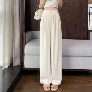 YAMIANNV | Quần ống rộng bằng lụa băng cho nữ mùa hè mỏng cạp cao xếp ly thẳng quần dài thường ngày phong cách Trung Hoa mới