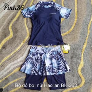 Bộ đồ bơi nữ Haolian áo cộc tay phối quần lửng liền váy duyên dáng BK-363a