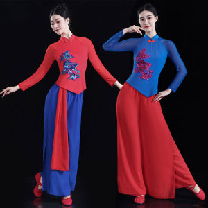 New Ethnic Dance Practice Suit Long Sleeve Floral Print Loose Fit Womens Performance Costume Square Dancing Fan Yu Ge