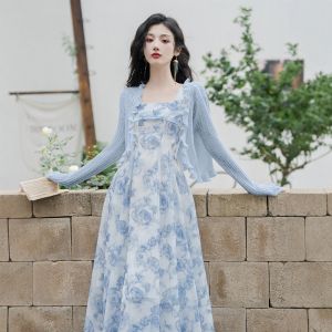 puella | Đầm Hè Phong Cách Pháp Dáng Suông Cổ Vuông Màu Xanh