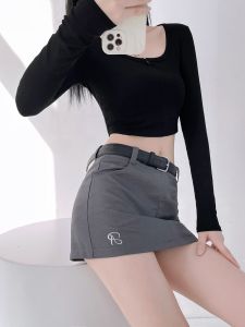 Váy Ngắn Chữ a Thêu Cổ Điển Mỹ Màu Trơn Chống Ánh Sáng Váy Ngắn Cạp Cao Dáng Chữ A Váy Ngắn Thời Trang Cho Nữ