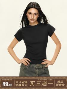 เสื้อยืดแขนสั้นทรงสลิมฟิตสไตล์อเมริกันสำหรับผู้หญิงในช่วงฤดูร้อน 2025 เส้นใยไตรอะซิเตทเนื้อเดียว ปกติ