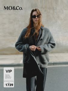 MO&Co. | Black and Alpaca Wool Blend Faux Two-piece Thick Knitted Sweater Jacket