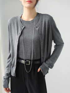 Gray round Neck Linen Thin Knitted Open Cardigan Women Summer Long Sleeve Sun Protection Outerwear Small Size Shirt Coat High End