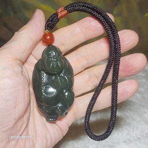 Premium Nephrite blue green good greasiness 3 dimensional Laughing Buddha handheld large Jade pendant (with certificate)