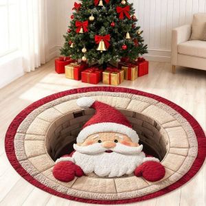VIKAMA Christmas Round Rug Gnome Brick Well 3D Illusion Non Slip Area Rug Living Room Cozy Holiday Decor Festive Soft Washable