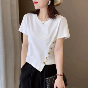 Shalldoer | Áo thun tay ngắn thường ngày mỏng mùa hè thiết kế thời trang không đều khóa cài cổ tròn dáng rộng đa năng cho nữ