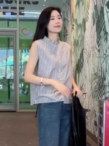 Fashion Stringy Selvedge Stand-up Collar Stylish Stripes Sleeveless Tank Top Shirt Womens Autumn Inner Bottoming Shirt Tops