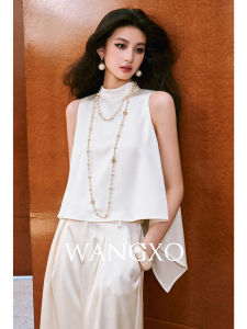 Wangxo Silk Luster High Density Twill Satin Slimming Wide Leg Pants Sleeveless A-Line Top Elegant Style Fashion Set for Women