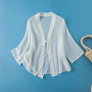 XMO | Lightweight Sun Protection Translucent Long Sleeve Silk Blouse for Summer